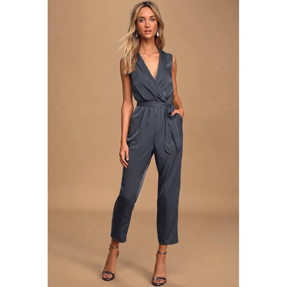 NWT Lulus Love Like That Washed Satin Sleeveless Jumpsuit Blue - Size Small